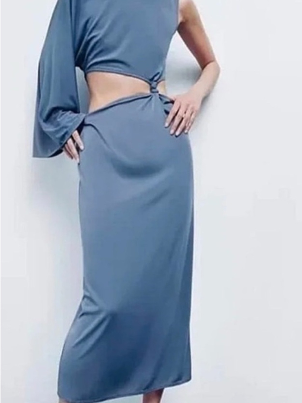 Cutout One-Shoulder Midi Dress in Dusty Blue
